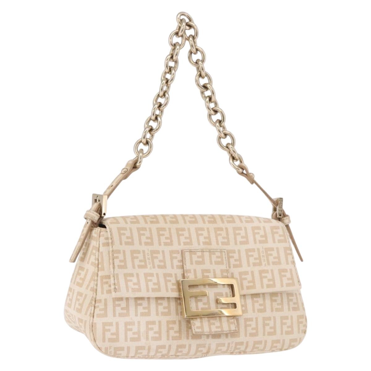 FENDI Zucchino Canvas Chain Mamma Baguette Bag PVC Beige Gold Auth 185376M