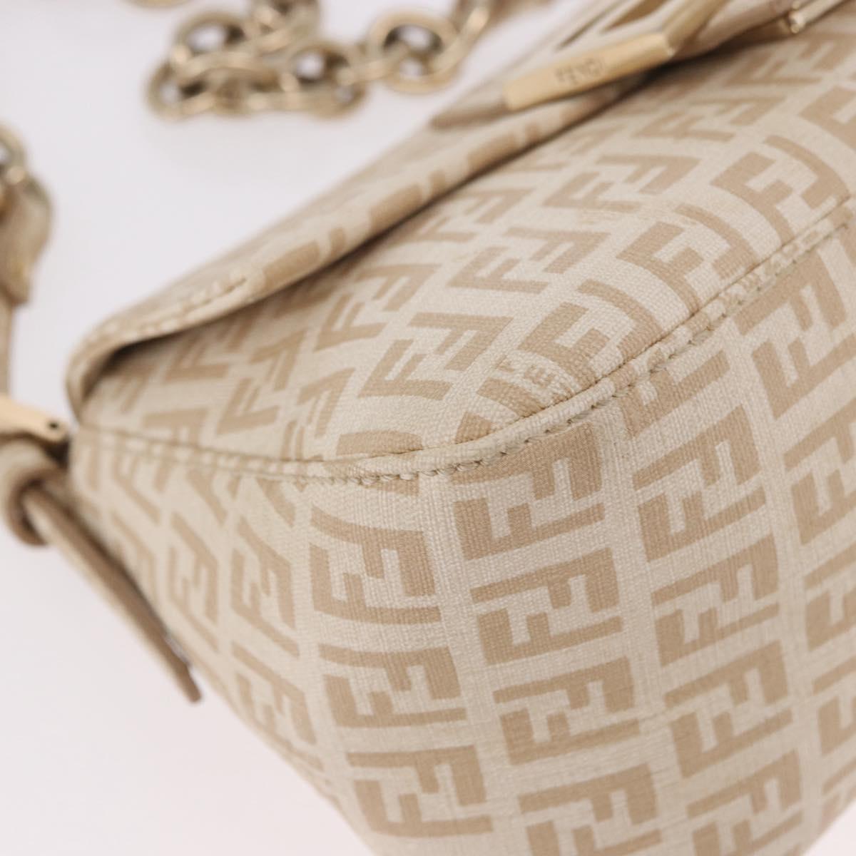 FENDI Zucchino Canvas Chain Mamma Baguette Bag PVC Beige Gold Auth 185376M