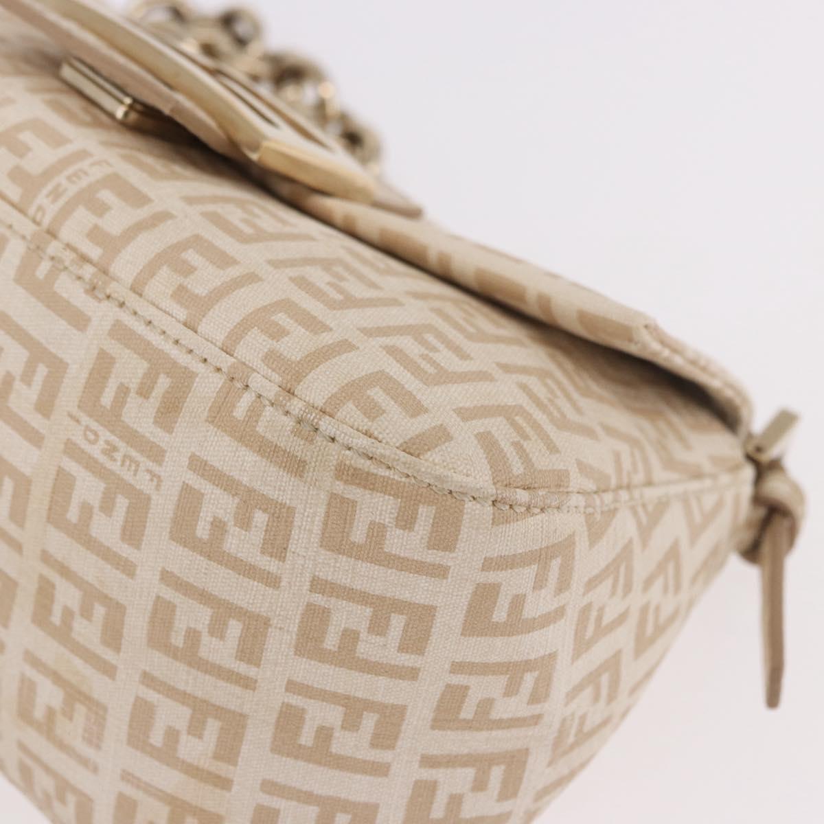 FENDI Zucchino Canvas Chain Mamma Baguette Bag PVC Beige Gold Auth 185376M