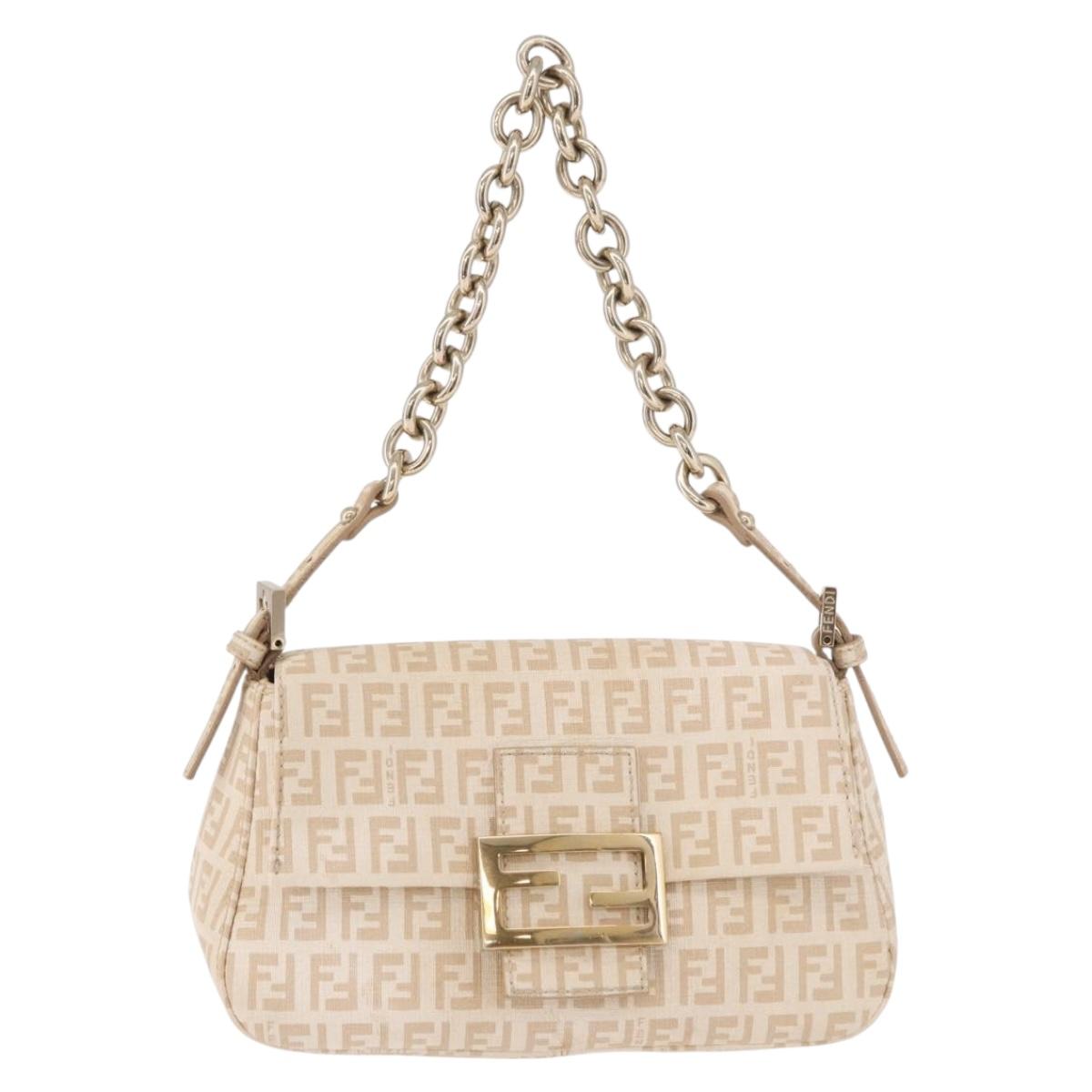 FENDI Zucchino Canvas Chain Mamma Baguette Bag PVC Beige Gold Auth 185376M