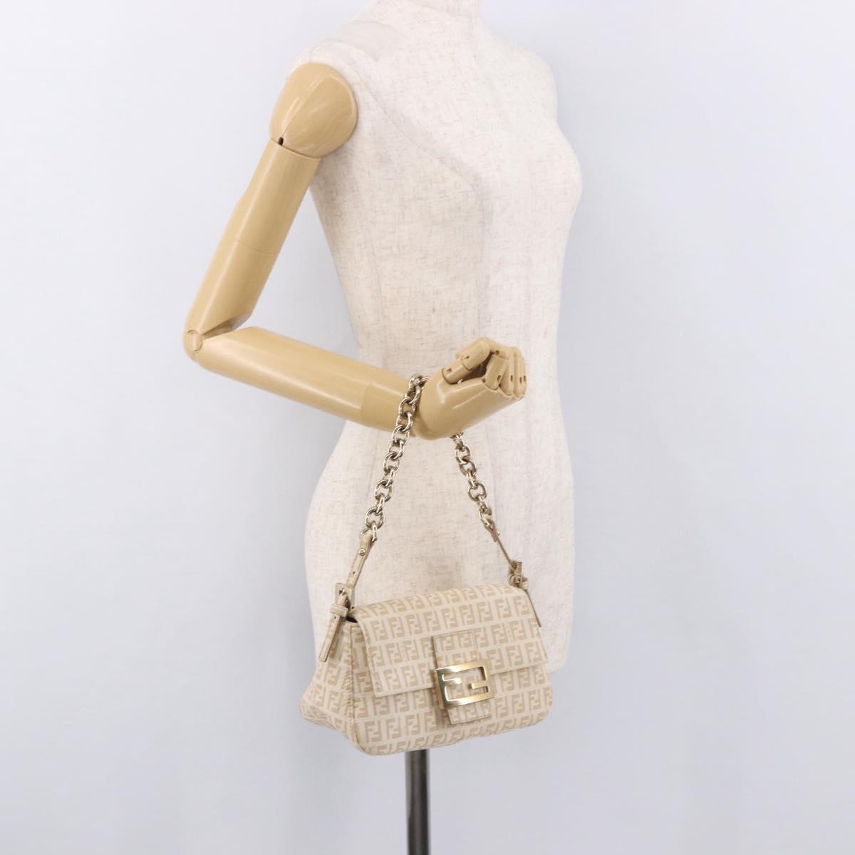 FENDI Zucchino Canvas Chain Mamma Baguette Bag PVC Beige Gold Auth 185376M