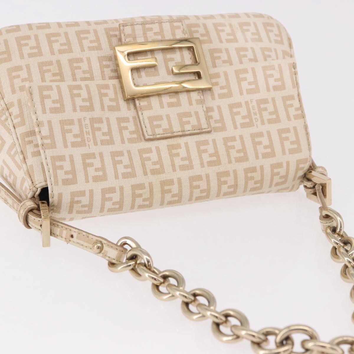 FENDI Zucchino Canvas Chain Mamma Baguette Bag PVC Beige Gold Auth 185376M