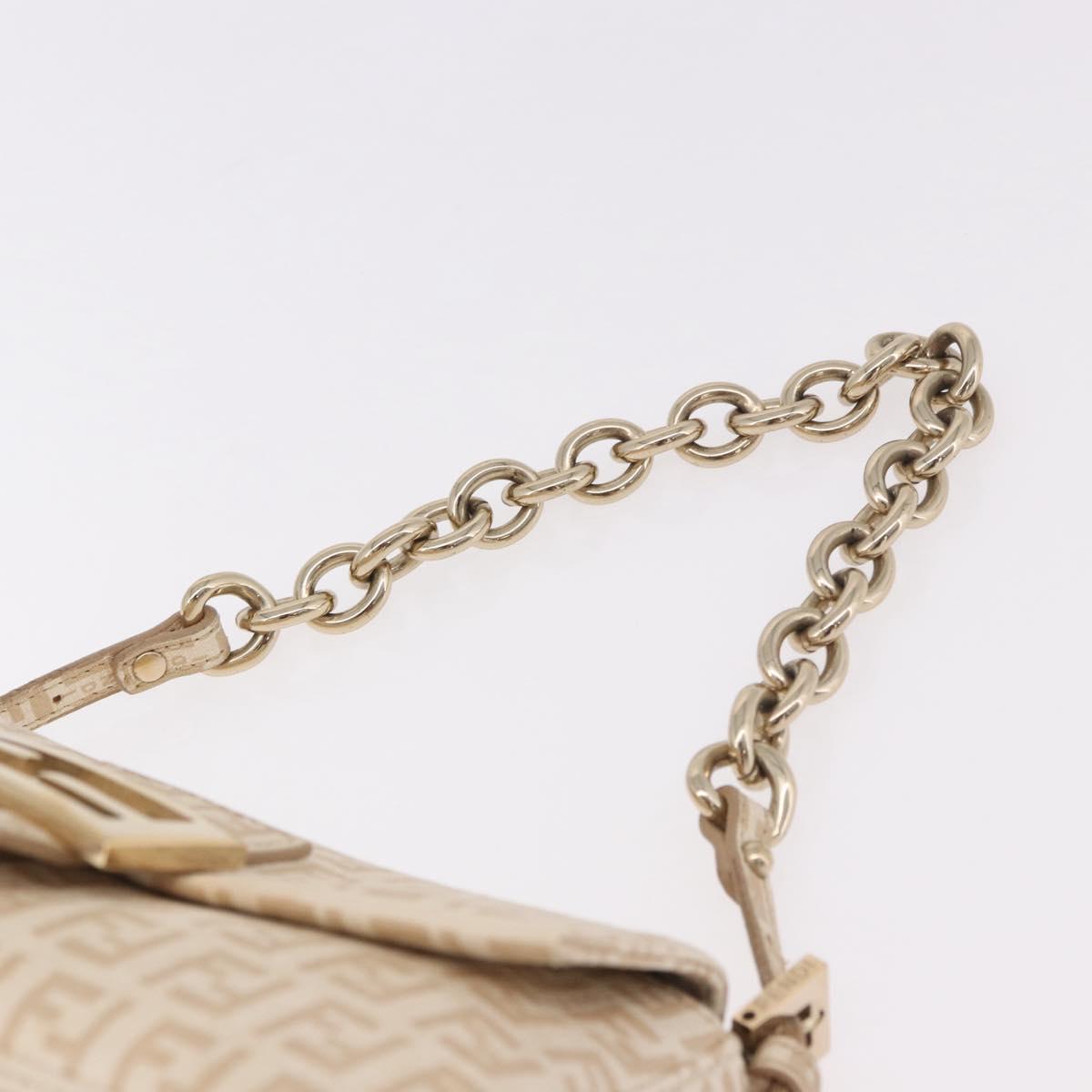 FENDI Zucchino Canvas Chain Mamma Baguette Bag PVC Beige Gold Auth 185376M