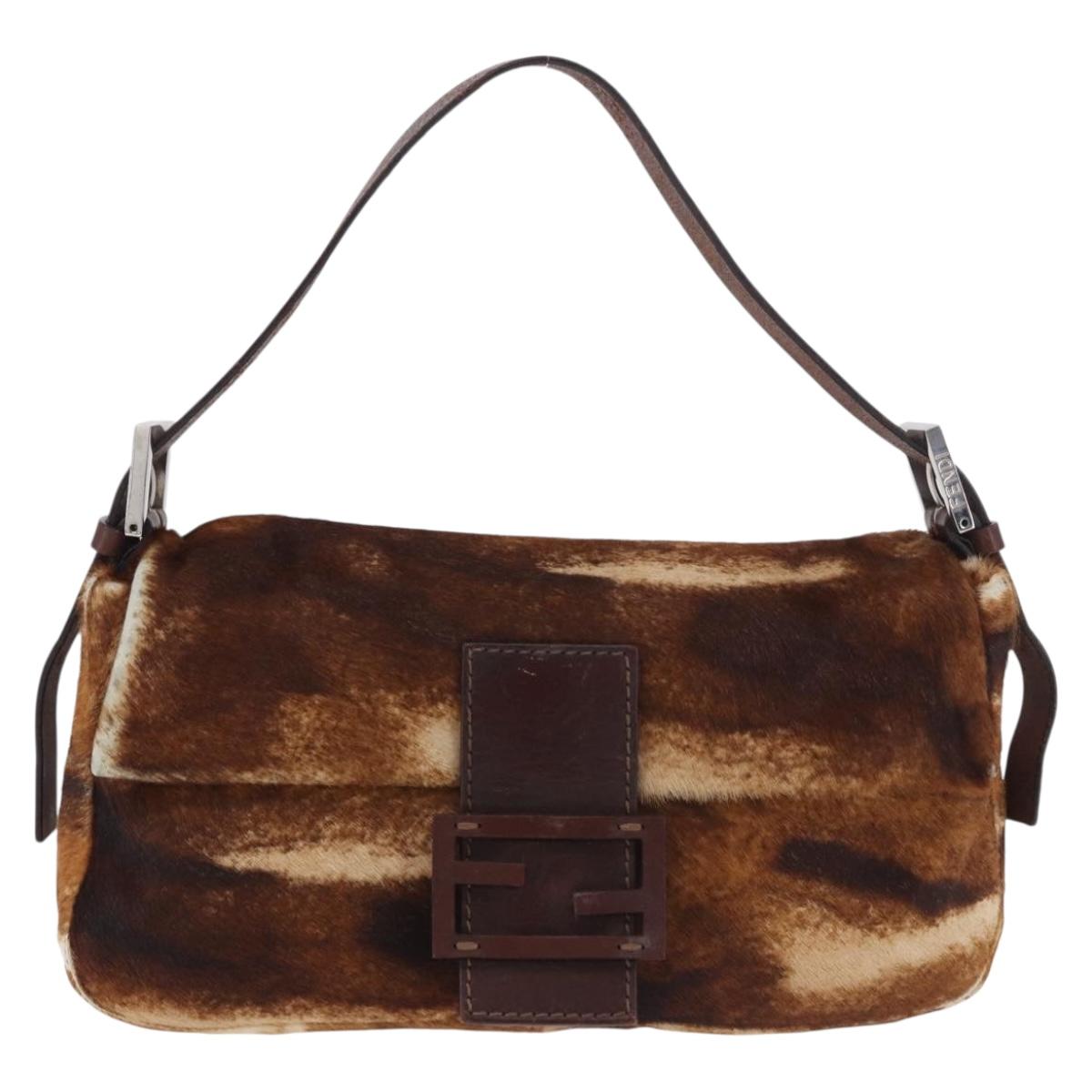 FENDI Mamma Baguette Shoulder Bag Harako Leather Brown Silver Auth 185377V