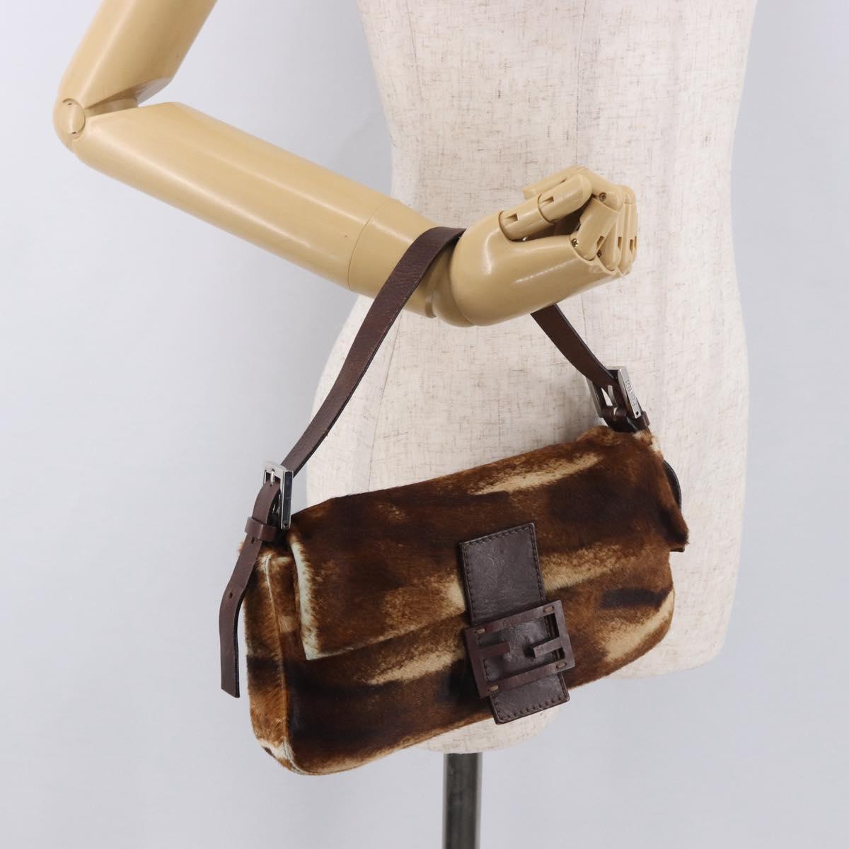 FENDI Mamma Baguette Shoulder Bag Harako Leather Brown Silver Auth 185377V