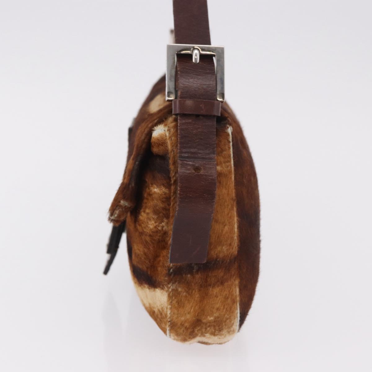 FENDI Mamma Baguette Shoulder Bag Harako Leather Brown Silver Auth 185377V