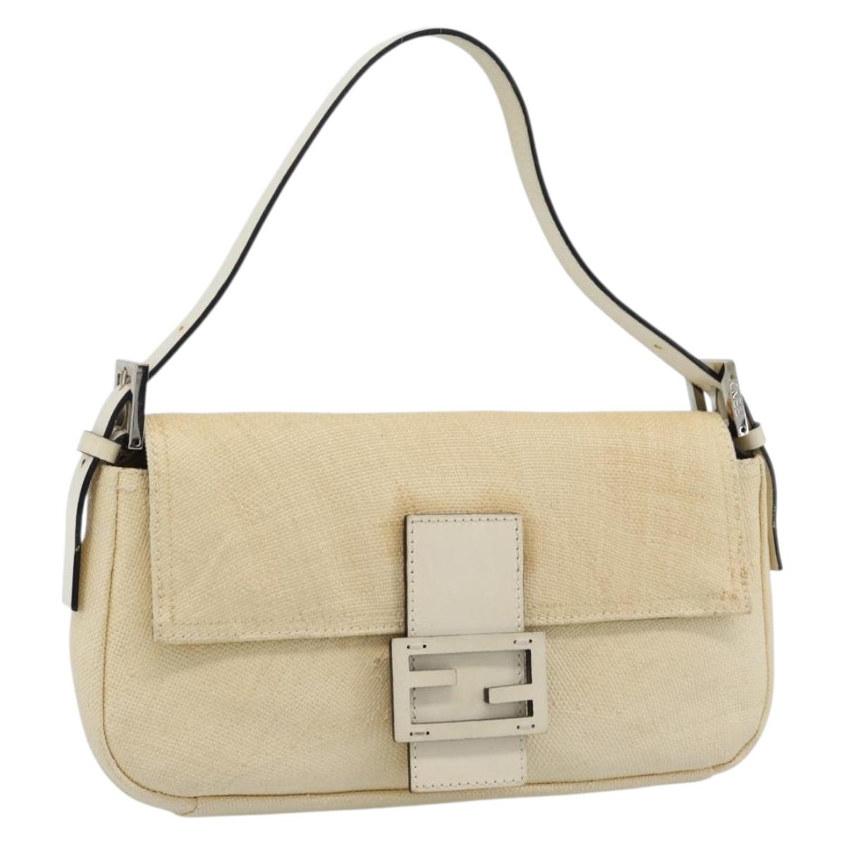 FENDI Mamma Baguette Shoulder Bag Straw Beige Silver Auth 185378V