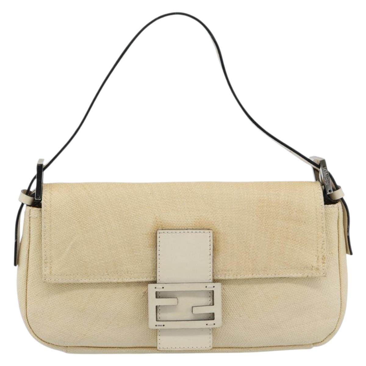 FENDI Mamma Baguette Shoulder Bag Straw Beige Silver Auth 185378V