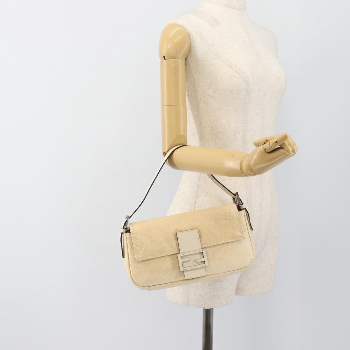 FENDI Mamma Baguette Shoulder Bag Straw Beige Silver Auth 185378V