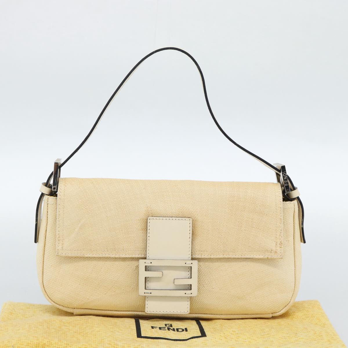 FENDI Mamma Baguette Shoulder Bag Straw Beige Silver Auth 185378V