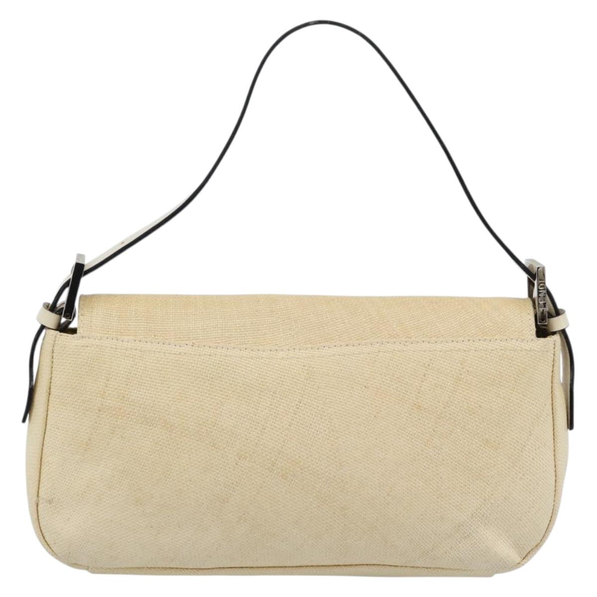 FENDI Mamma Baguette Shoulder Bag Straw Beige Silver Auth 185378V