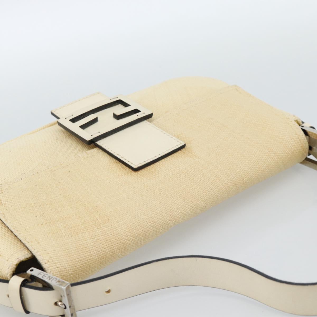 FENDI Mamma Baguette Shoulder Bag Straw Beige Silver Auth 185378V