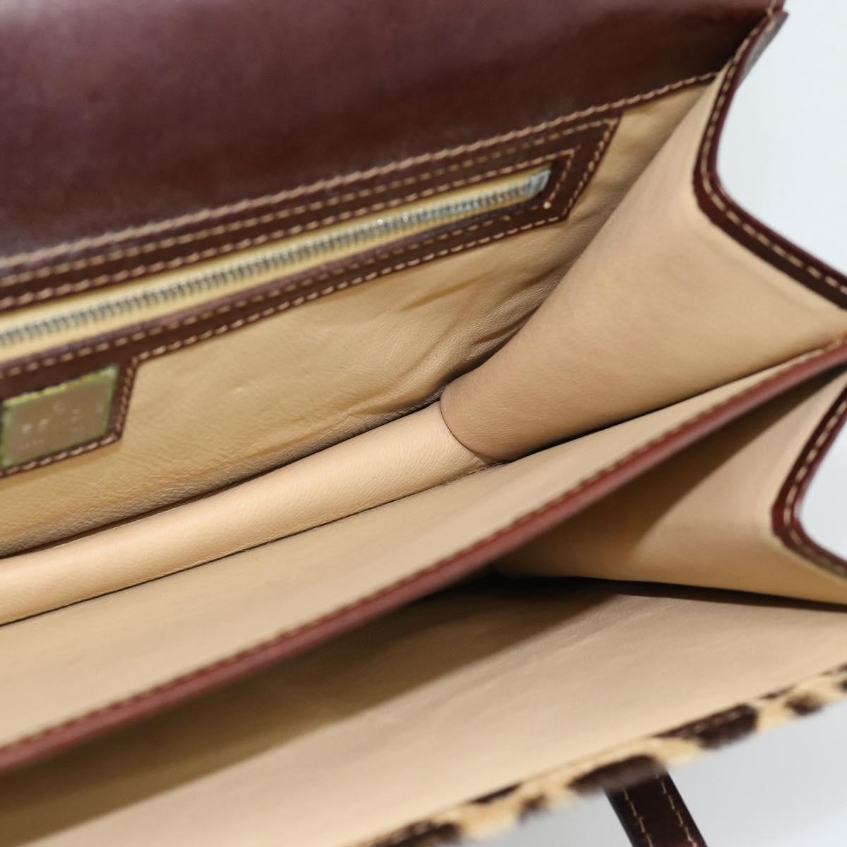 FENDI Hand Bag Harako Leather Brown Silver Auth 185379
