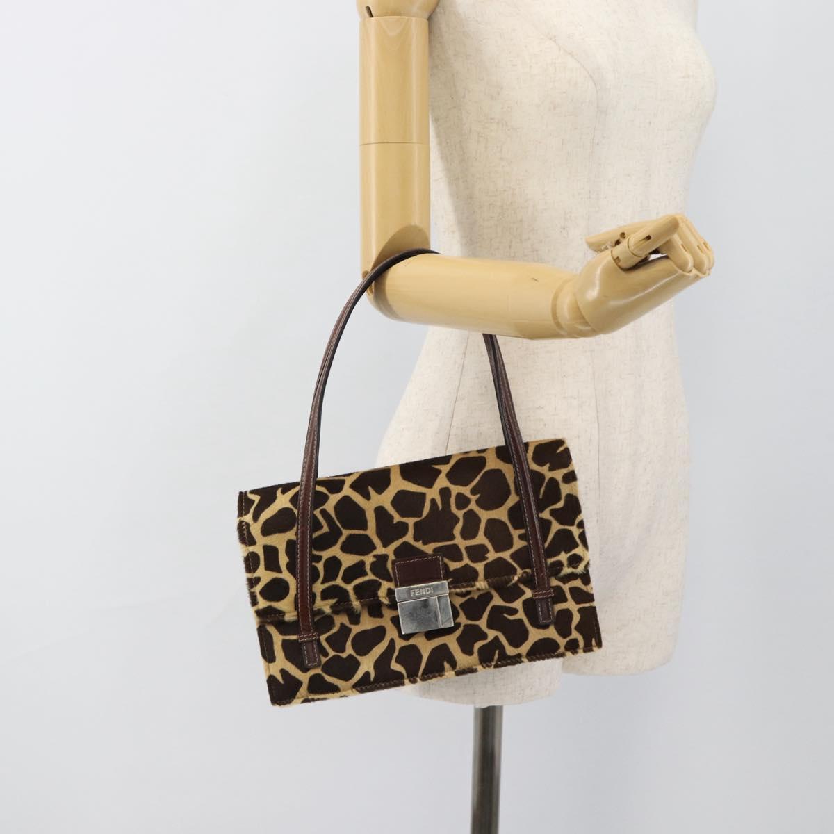 FENDI Hand Bag Harako Leather Brown Silver Auth 185379