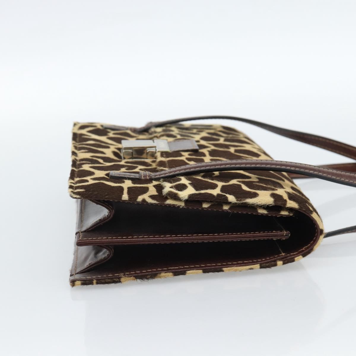 FENDI Hand Bag Harako Leather Brown Silver Auth 185379