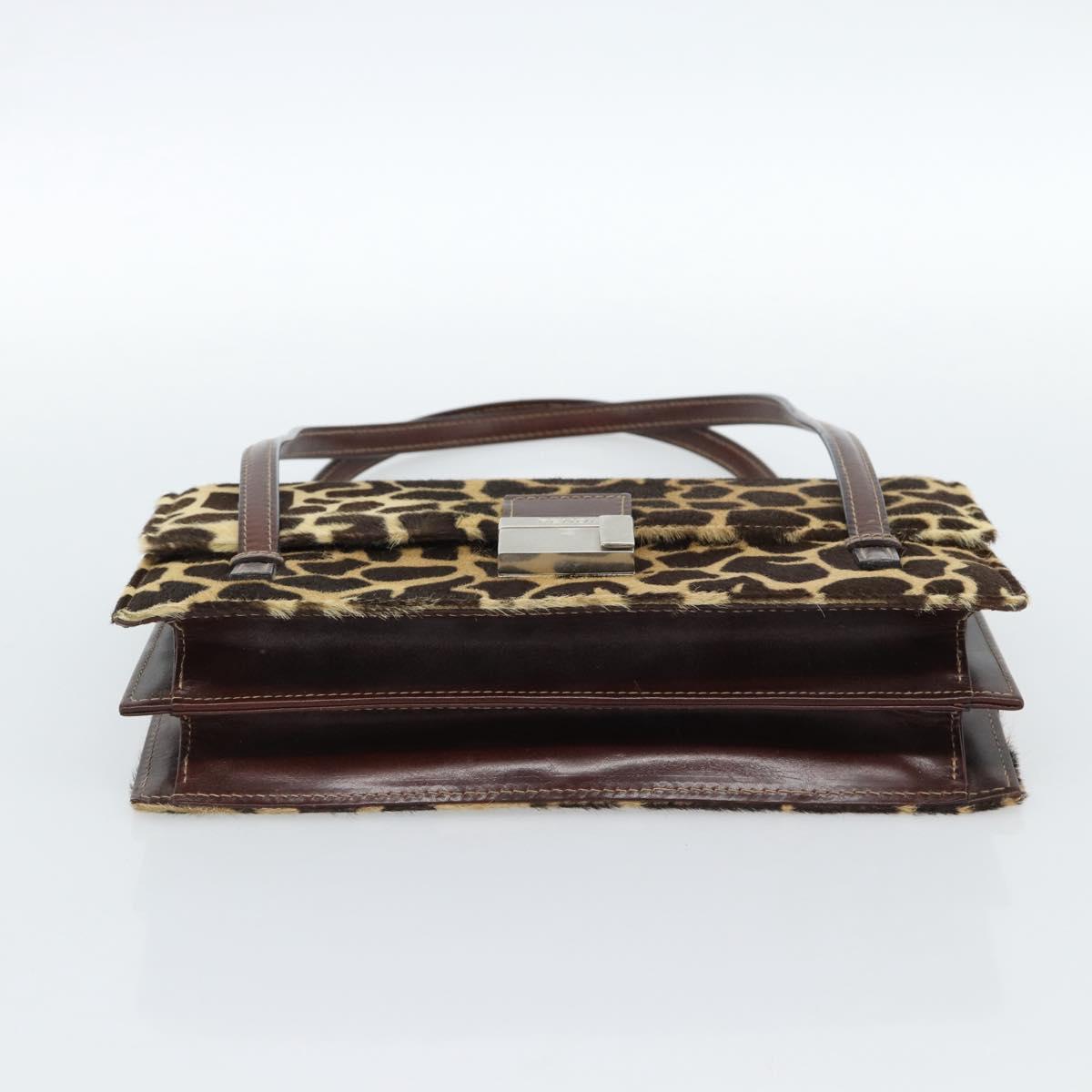 FENDI Hand Bag Harako Leather Brown Silver Auth 185379
