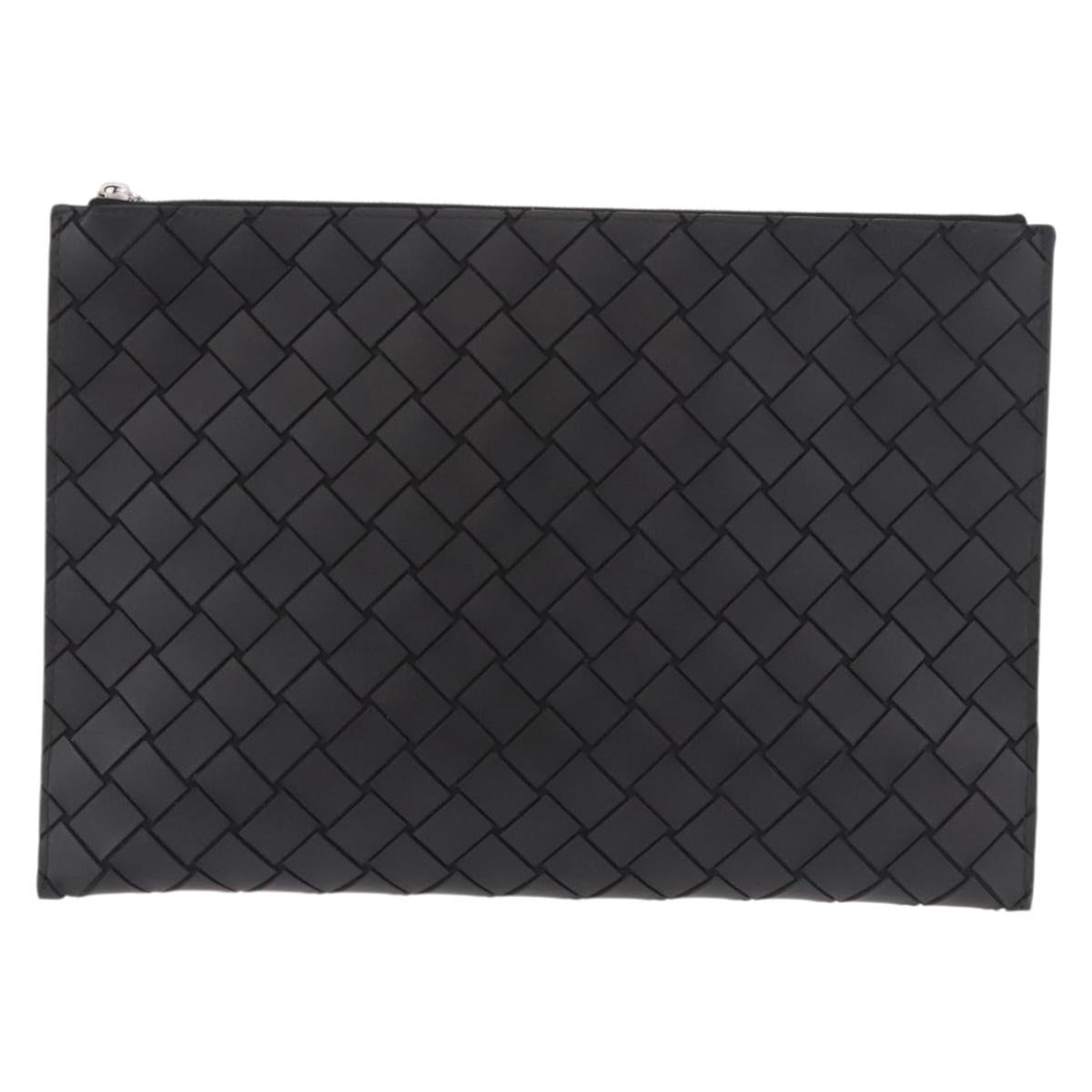 BOTTEGA VENETA INTRECCIATO Clutch Bag Leather Black Silver Auth 185381M