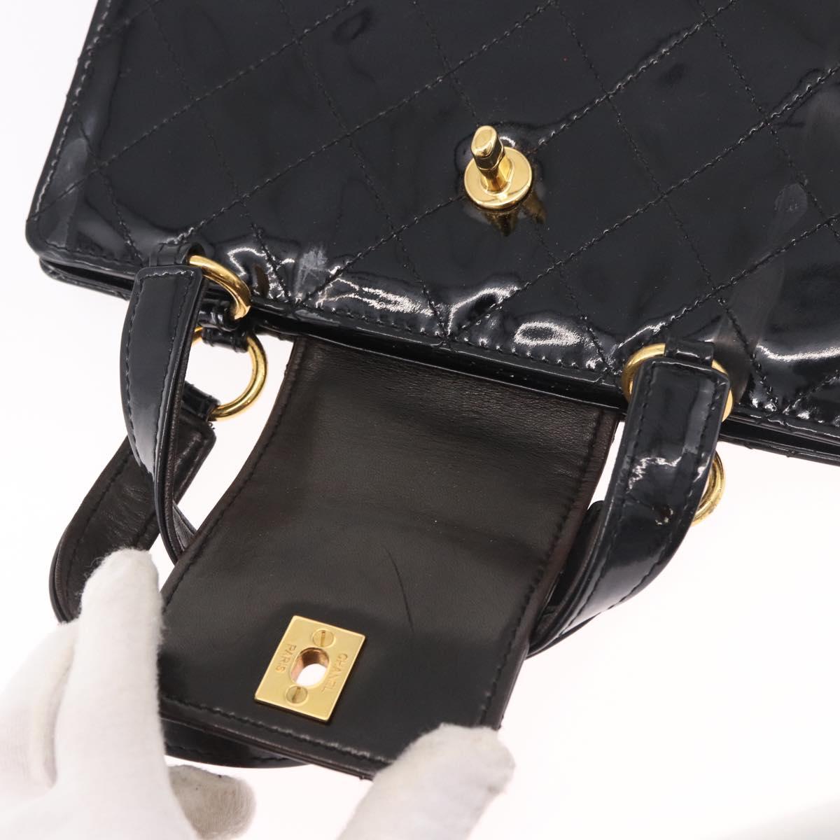 CHANEL Matelasse Hand Bag Patent leather Black Gold CC Auth 185385A