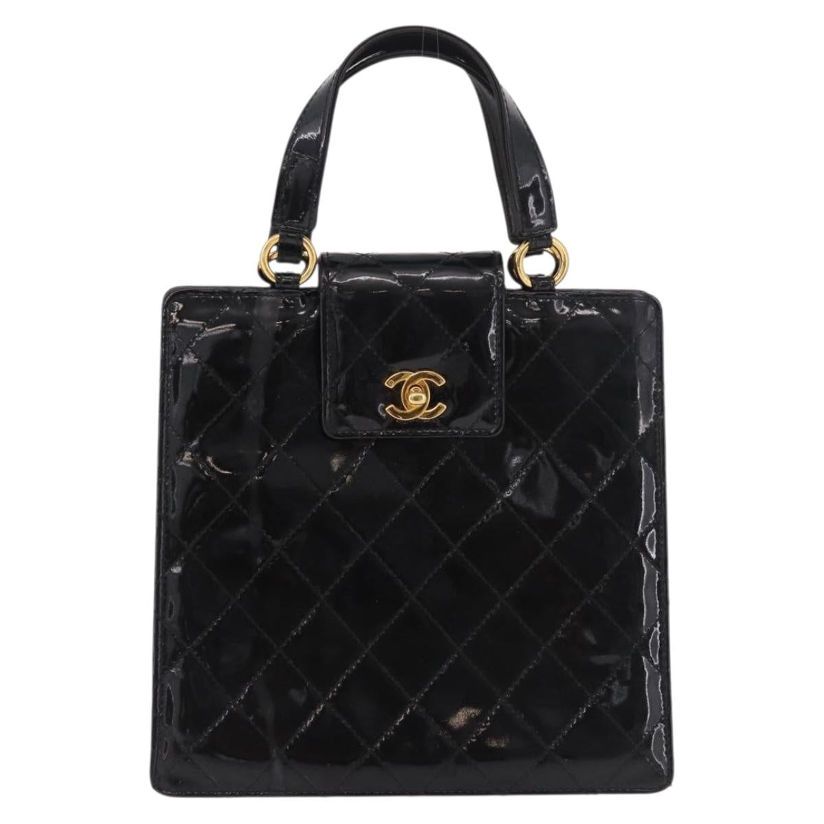CHANEL Matelasse Hand Bag Patent leather Black Gold CC Auth 185385A