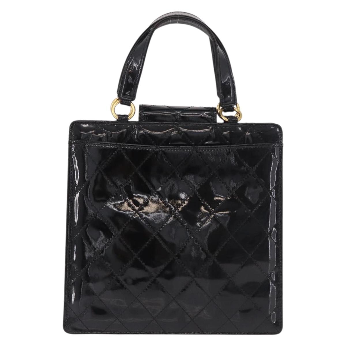 CHANEL Matelasse Hand Bag Patent leather Black Gold CC Auth 185385A