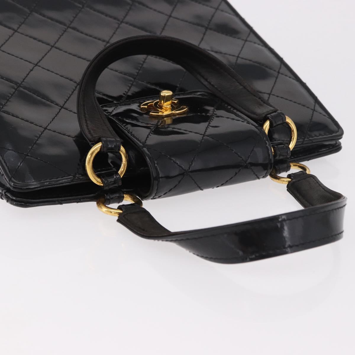 CHANEL Matelasse Hand Bag Patent leather Black Gold CC Auth 185385A