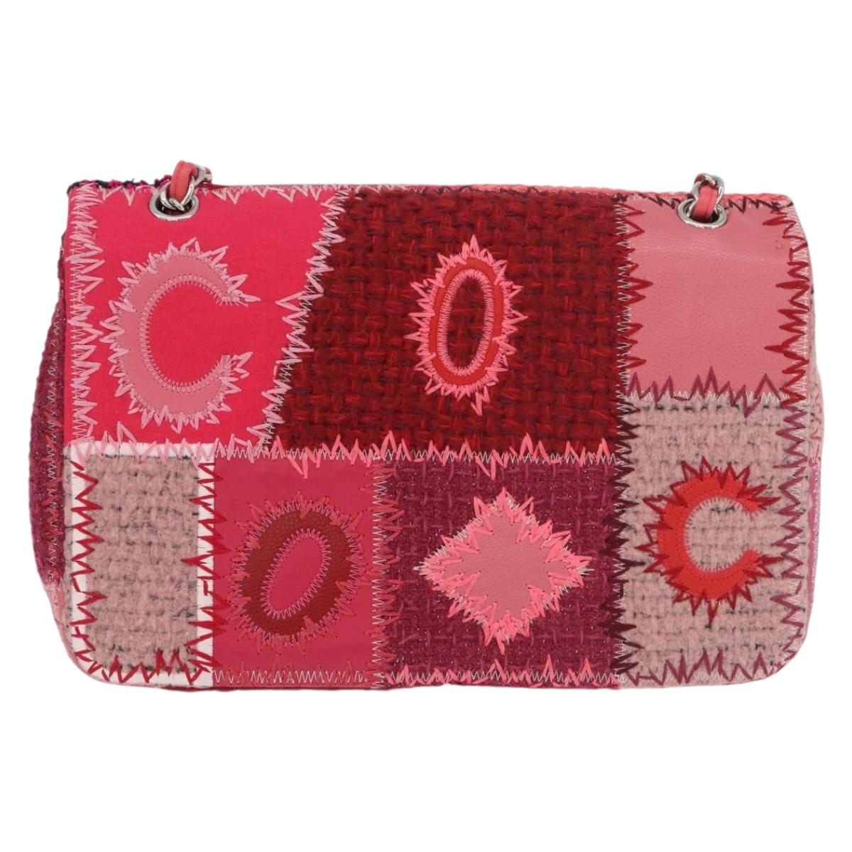CHANEL Chain Patchwork Shoulder Bag Tweed Pink Silver CC Auth 185387SM