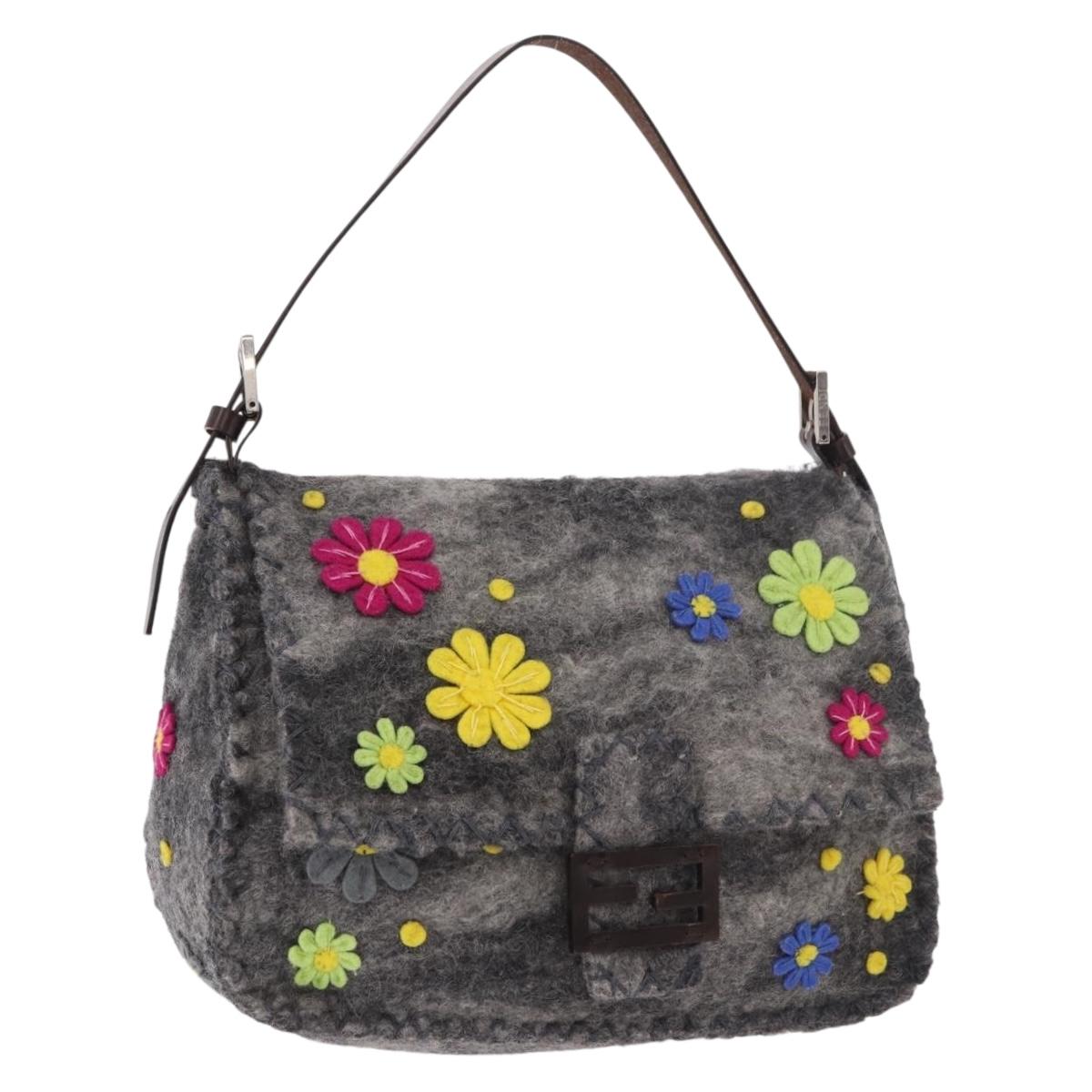 FENDI Floral Mamma Baguette Shoulder Bag Felt Gray Silver Auth 185390SAM