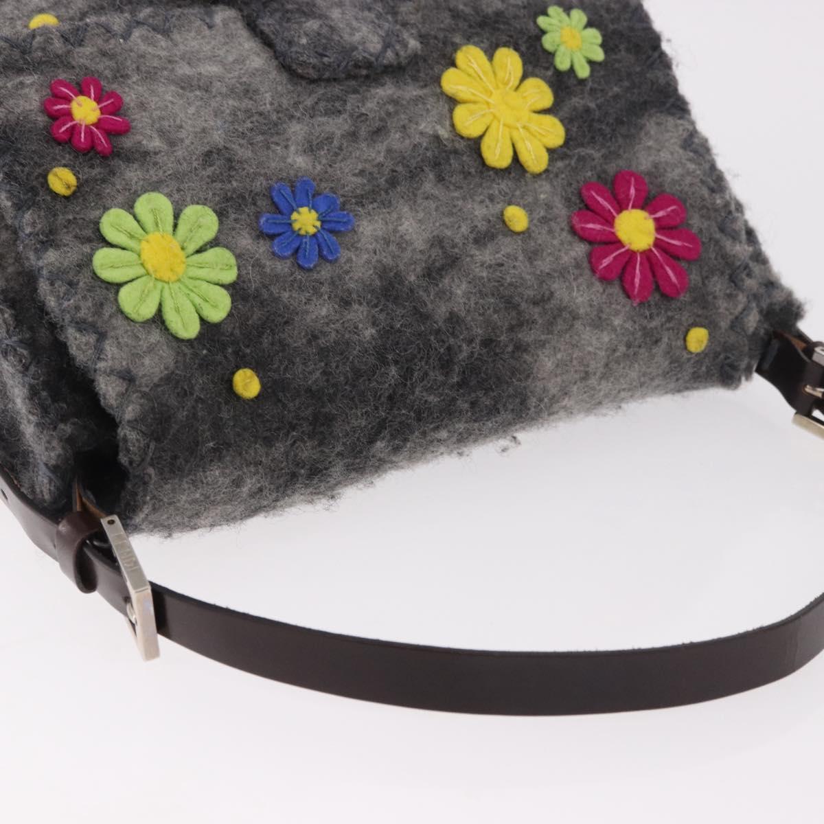 FENDI Floral Mamma Baguette Shoulder Bag Felt Gray Silver Auth 185390SAM