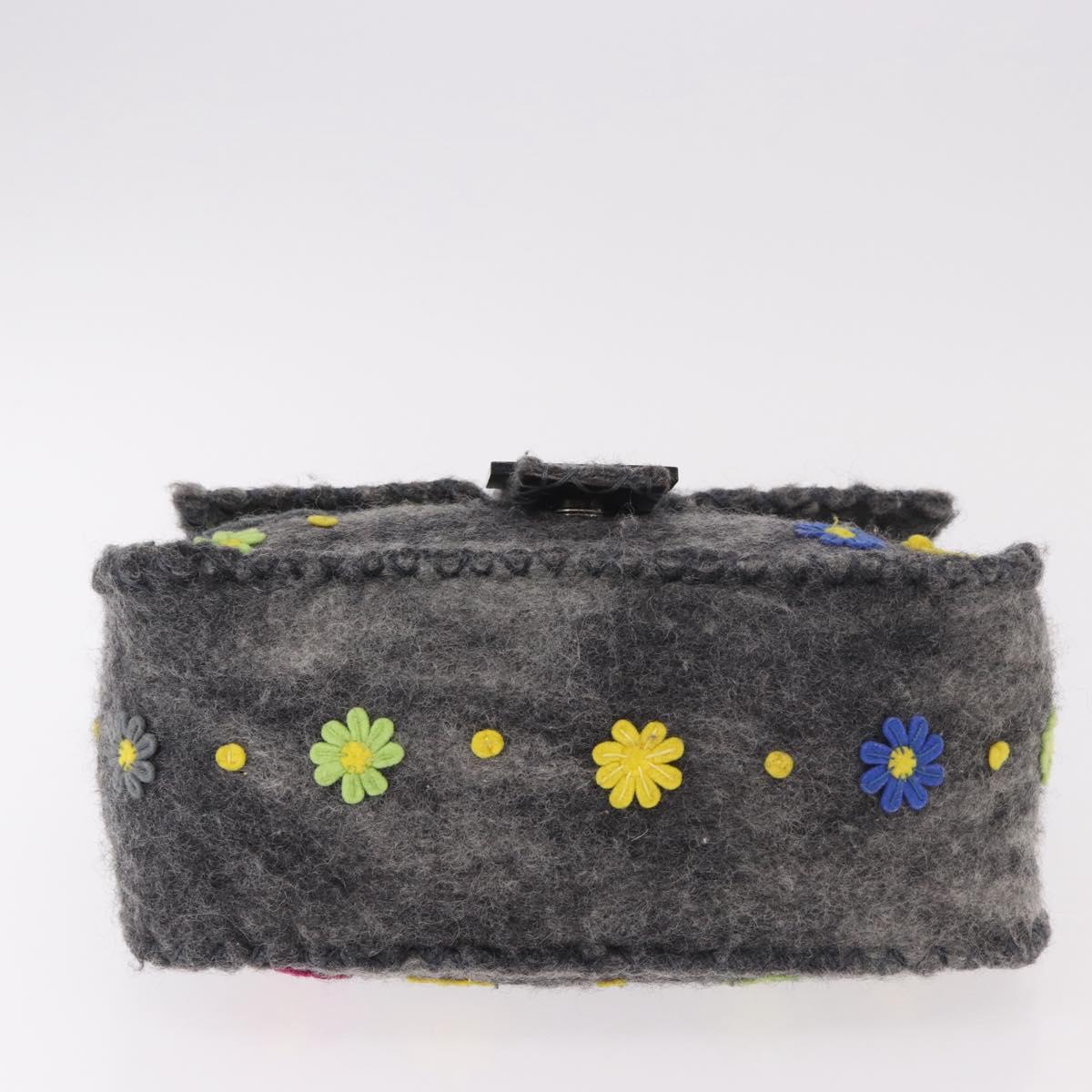 FENDI Floral Mamma Baguette Shoulder Bag Felt Gray Silver Auth 185390SAM
