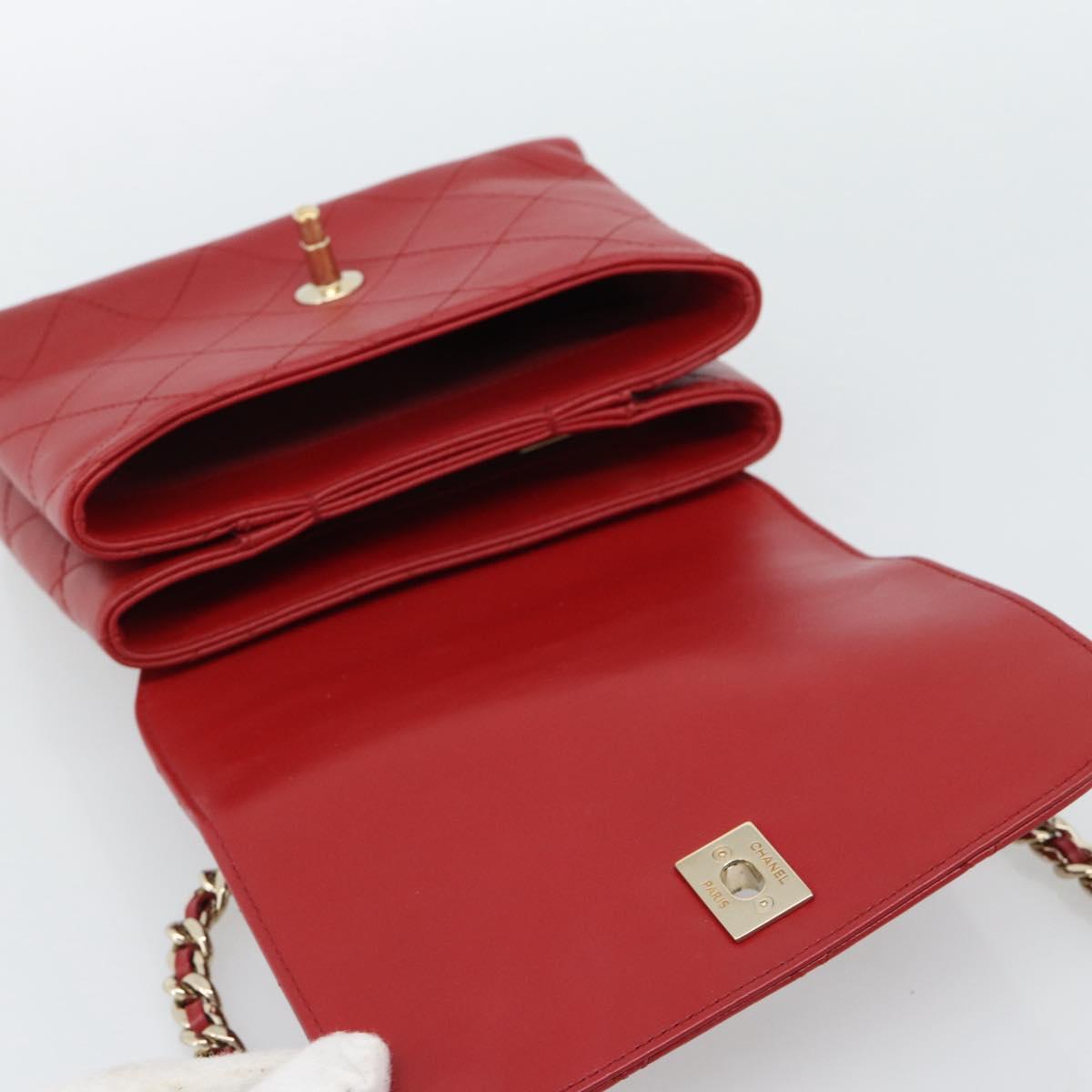 CHANEL Matelasse Chain Shoulder Bag Lamb Skin 2way Red Gold CC Auth 185393SAM