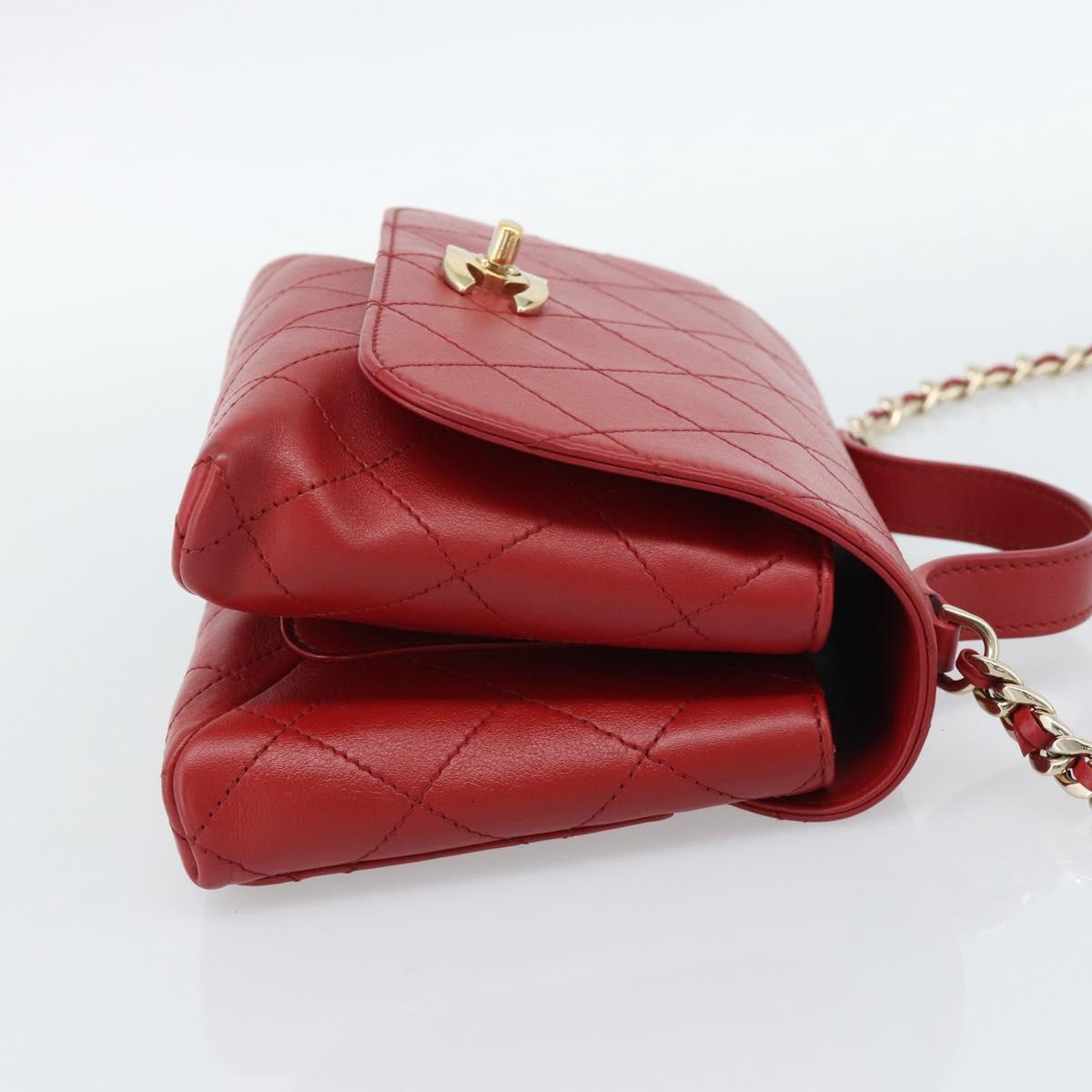 CHANEL Matelasse Chain Shoulder Bag Lamb Skin 2way Red Gold CC Auth 185393SAM