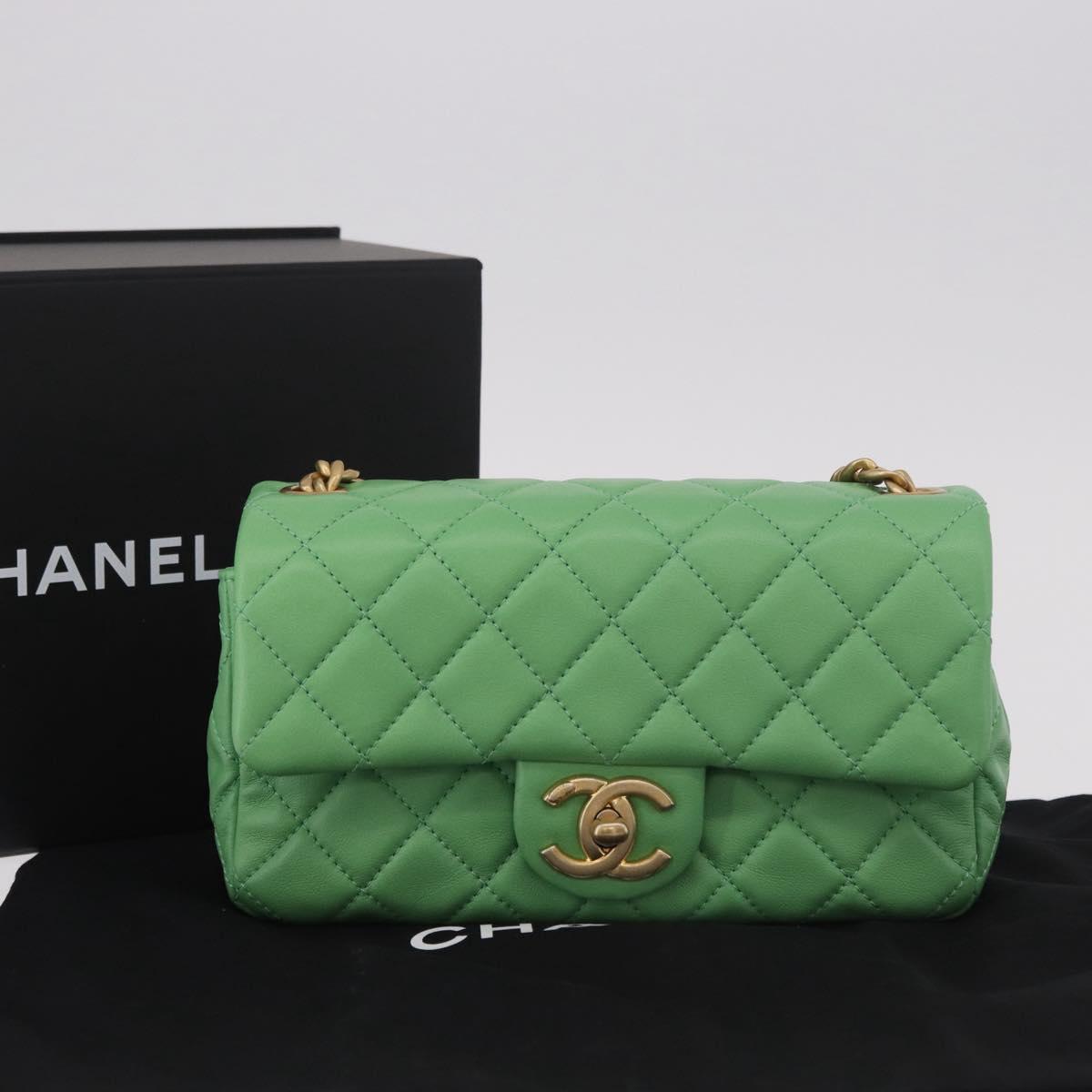 CHANEL Matelasse20 Chain Shoulder Bag Lamb Skin Green Gold CC Auth 185396SM