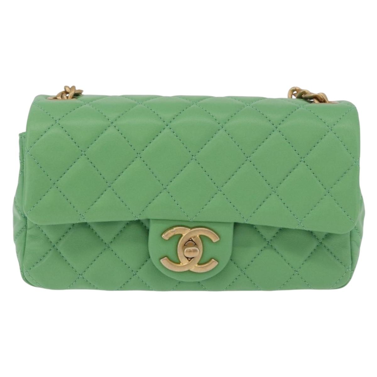 CHANEL Matelasse20 Chain Shoulder Bag Lamb Skin Green Gold CC Auth 185396SM