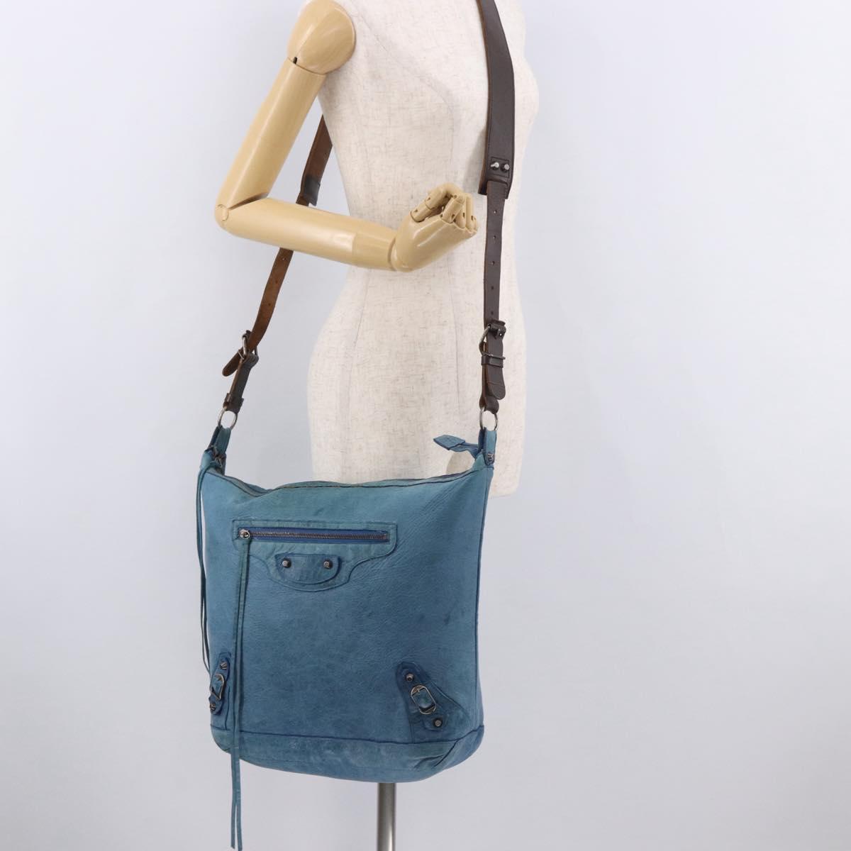 BALENCIAGA The Day Shoulder Bag Leather Blue Silver 141175 Auth 185397A