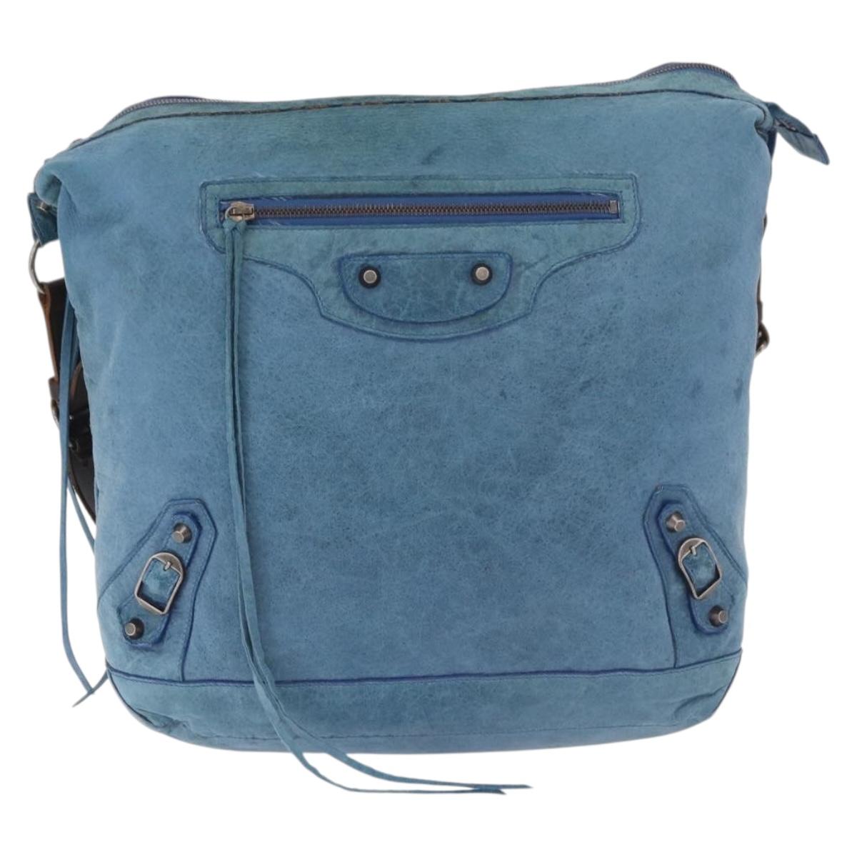 BALENCIAGA The Day Shoulder Bag Leather Blue Silver 141175 Auth 185397A