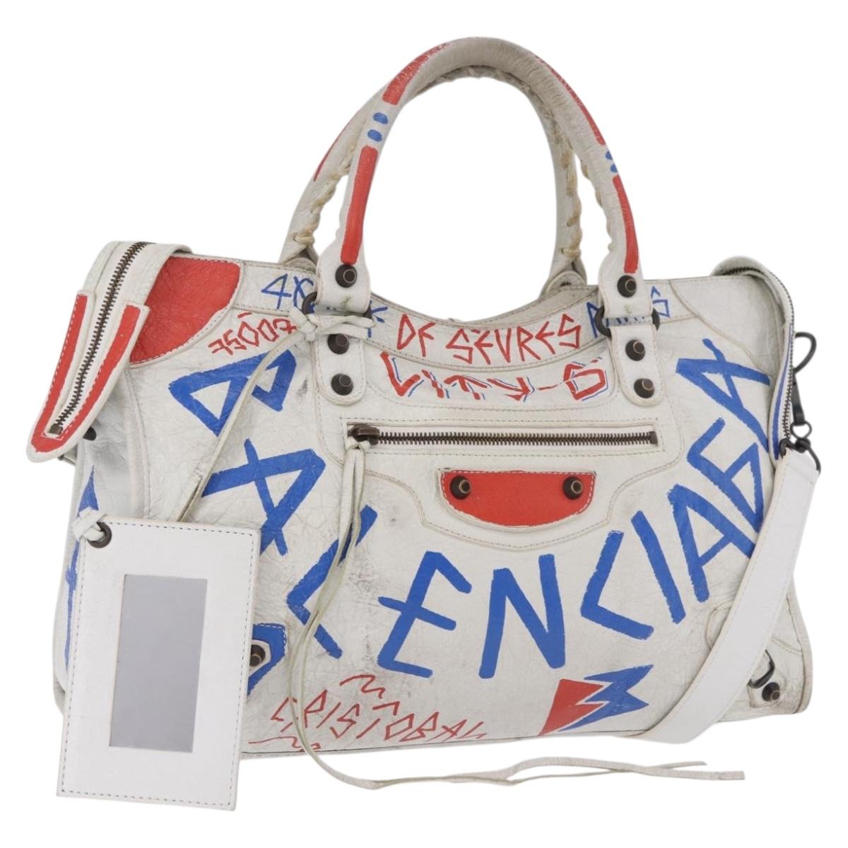 BALENCIAGA Classic Graffiti The City Hand Bag Leather 2way White Auth 185398V