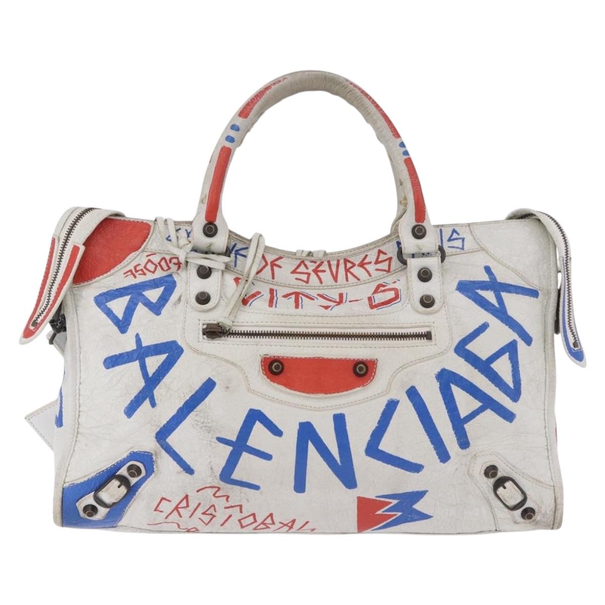 BALENCIAGA Classic Graffiti The City Hand Bag Leather 2way White Auth 185398V