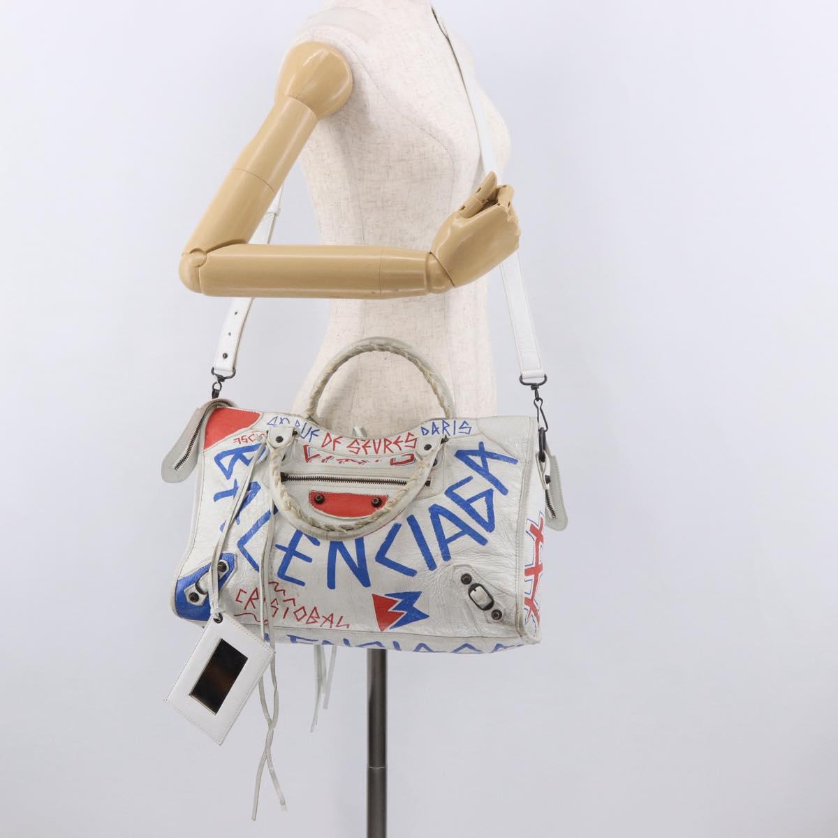 BALENCIAGA Classic Graffiti The City Hand Bag Leather 2way White Auth 185398V