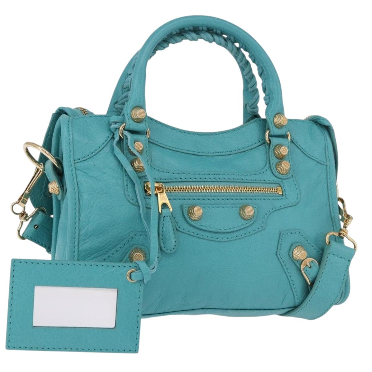 BALENCIAGA Giant Mini City Bag Leather 2way Turquoise Blue 309544 Auth 185402SAM