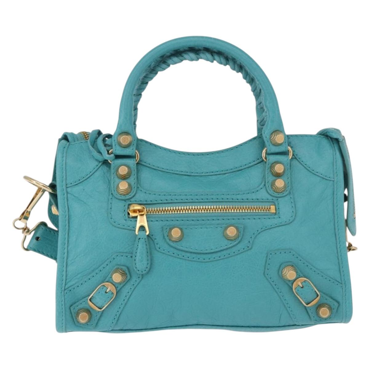 BALENCIAGA Giant Mini City Bag Leather 2way Turquoise Blue 309544 Auth 185402SAM