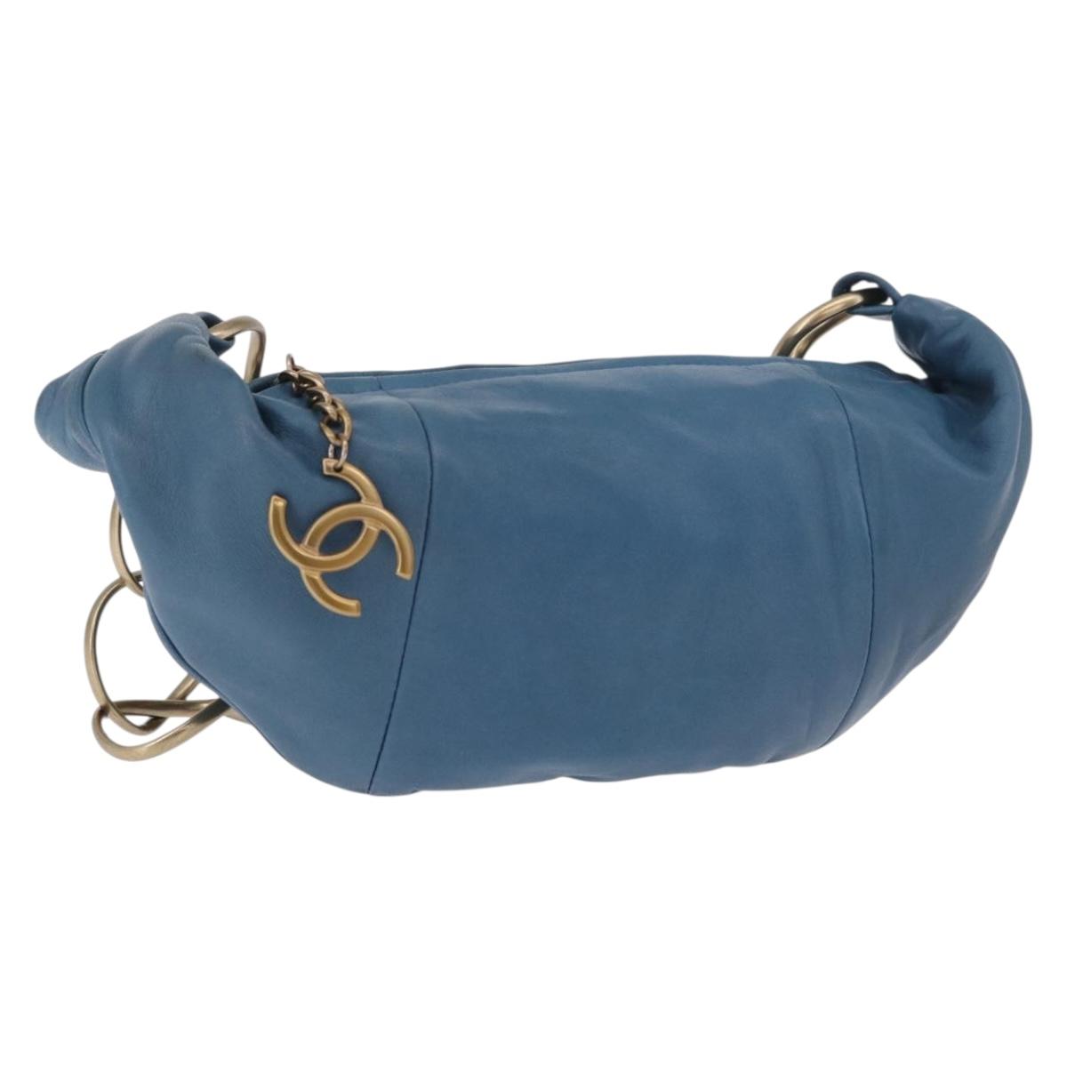 CHANEL Chain Shoulder Bag Lamb Skin Blue Gold CC Auth 185410SAM