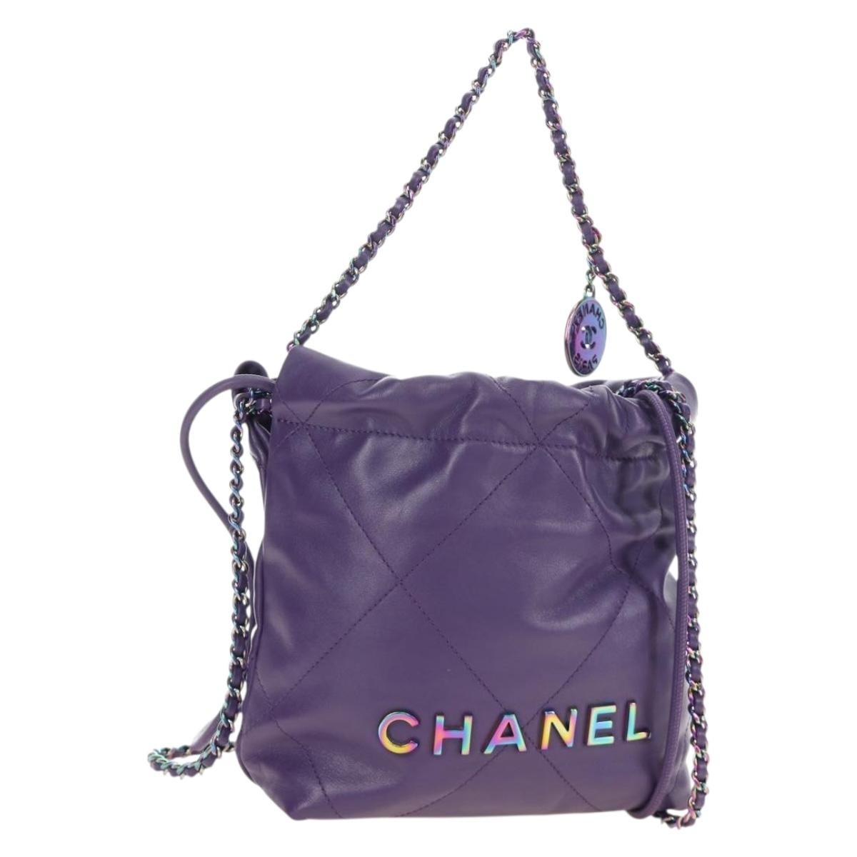 CHANEL Chanel 22 Mini Matelasse Chain Bag Calf Skin 2way Purple CC Auth 185411SM