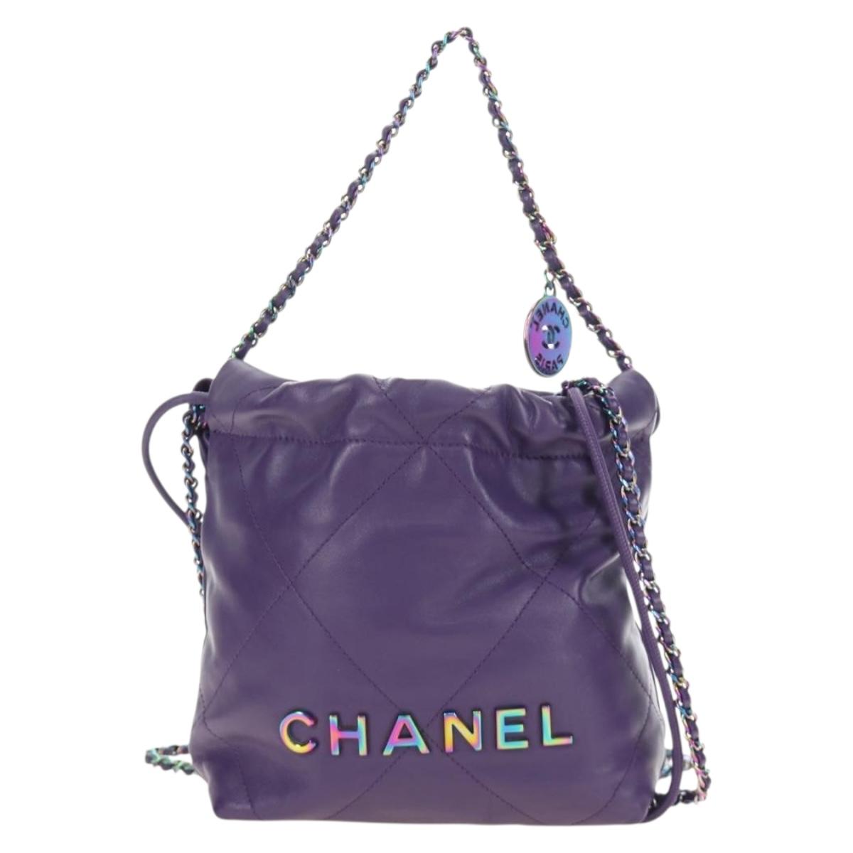 CHANEL Chanel 22 Mini Matelasse Chain Bag Calf Skin 2way Purple CC Auth 185411SM