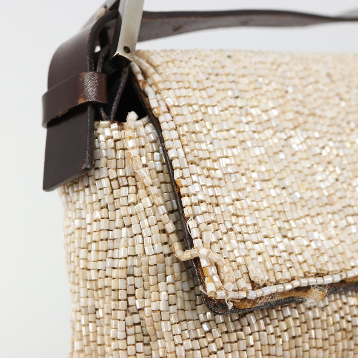 FENDI Mamma Baguette Shoulder Bag Beads Ivory Silver Auth 185413V