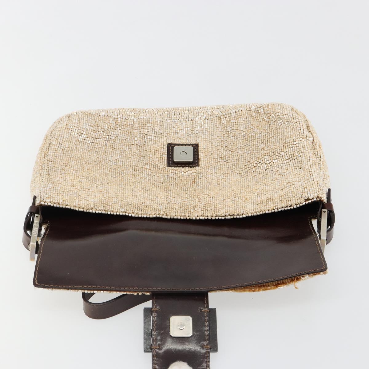 FENDI Mamma Baguette Shoulder Bag Beads Ivory Silver Auth 185413V