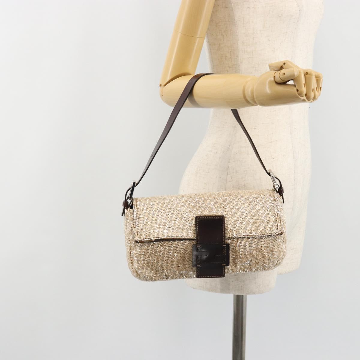 FENDI Mamma Baguette Shoulder Bag Beads Ivory Silver Auth 185413V