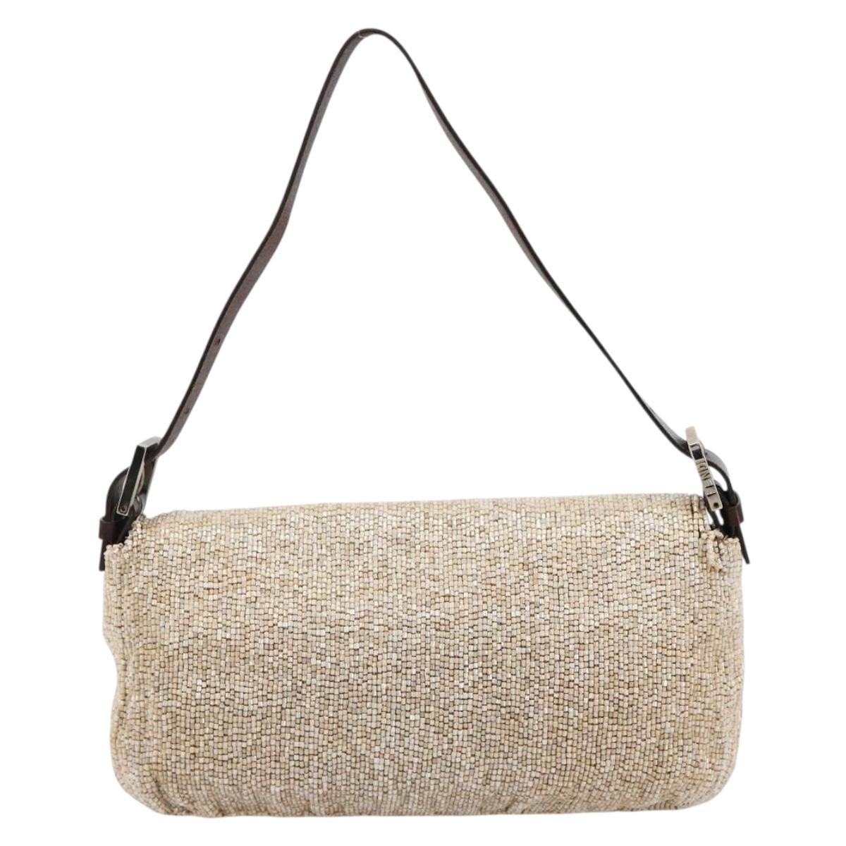 FENDI Mamma Baguette Shoulder Bag Beads Ivory Silver Auth 185413V