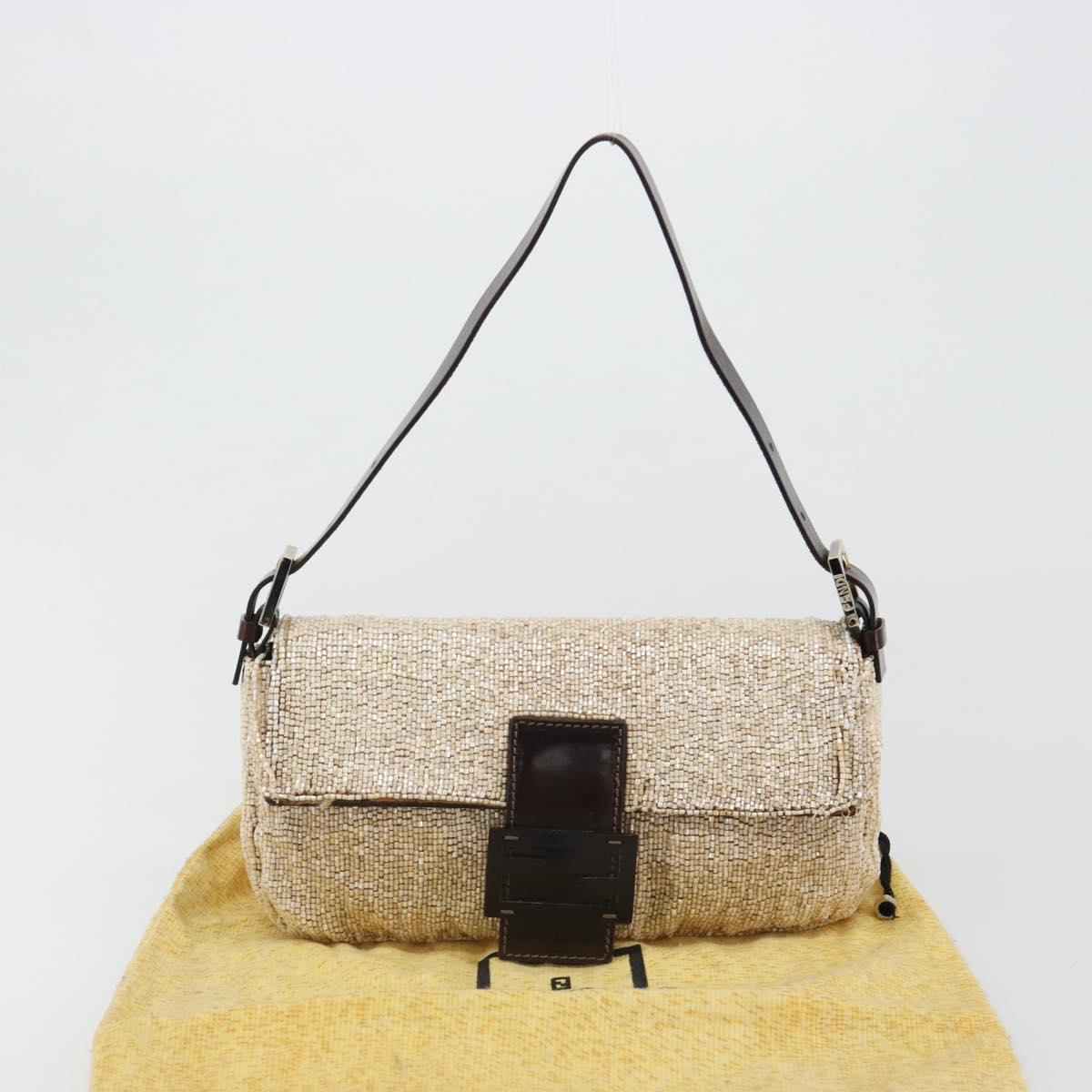 FENDI Mamma Baguette Shoulder Bag Beads Ivory Silver Auth 185413V
