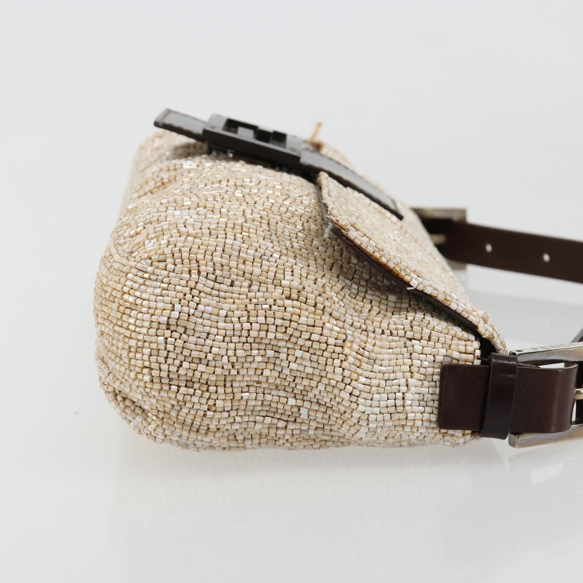 FENDI Mamma Baguette Shoulder Bag Beads Ivory Silver Auth 185413V