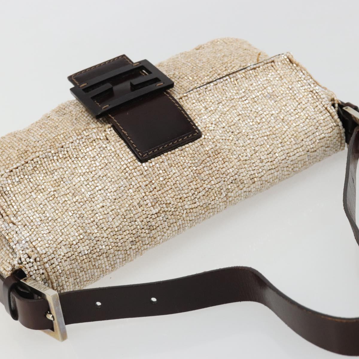 FENDI Mamma Baguette Shoulder Bag Beads Ivory Silver Auth 185413V